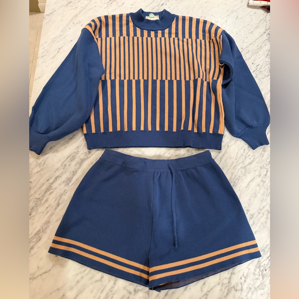 Anthropologie Saturday Sunday Blue/Orange Striped Sweater and Shorts Set Size L